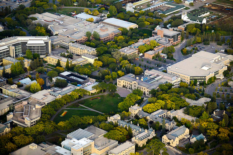 Aerial photo of USask campus in summer