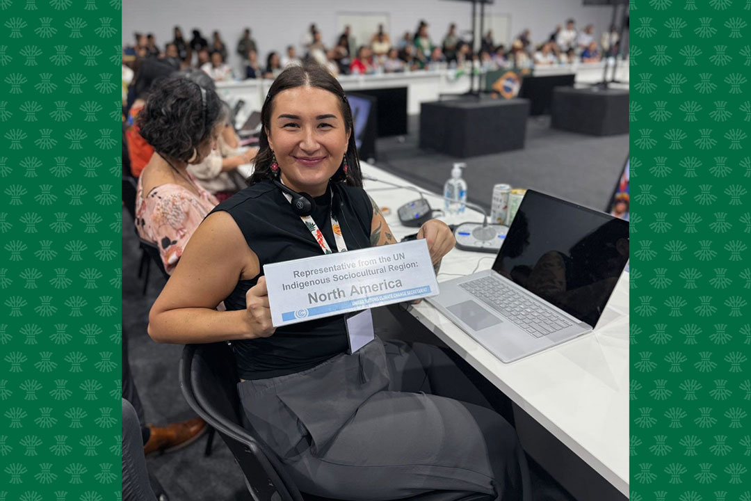 USask graduate Kate Gillis (MA’24) is pictured at the most recent United Nations Framework Convention on Climate Change (UNFCCC) Conference of the Parties in Brazil, where she was asked to speak on behalf of the North America Indigenous Peoples socio-cultural region. (Photo: Submitted)